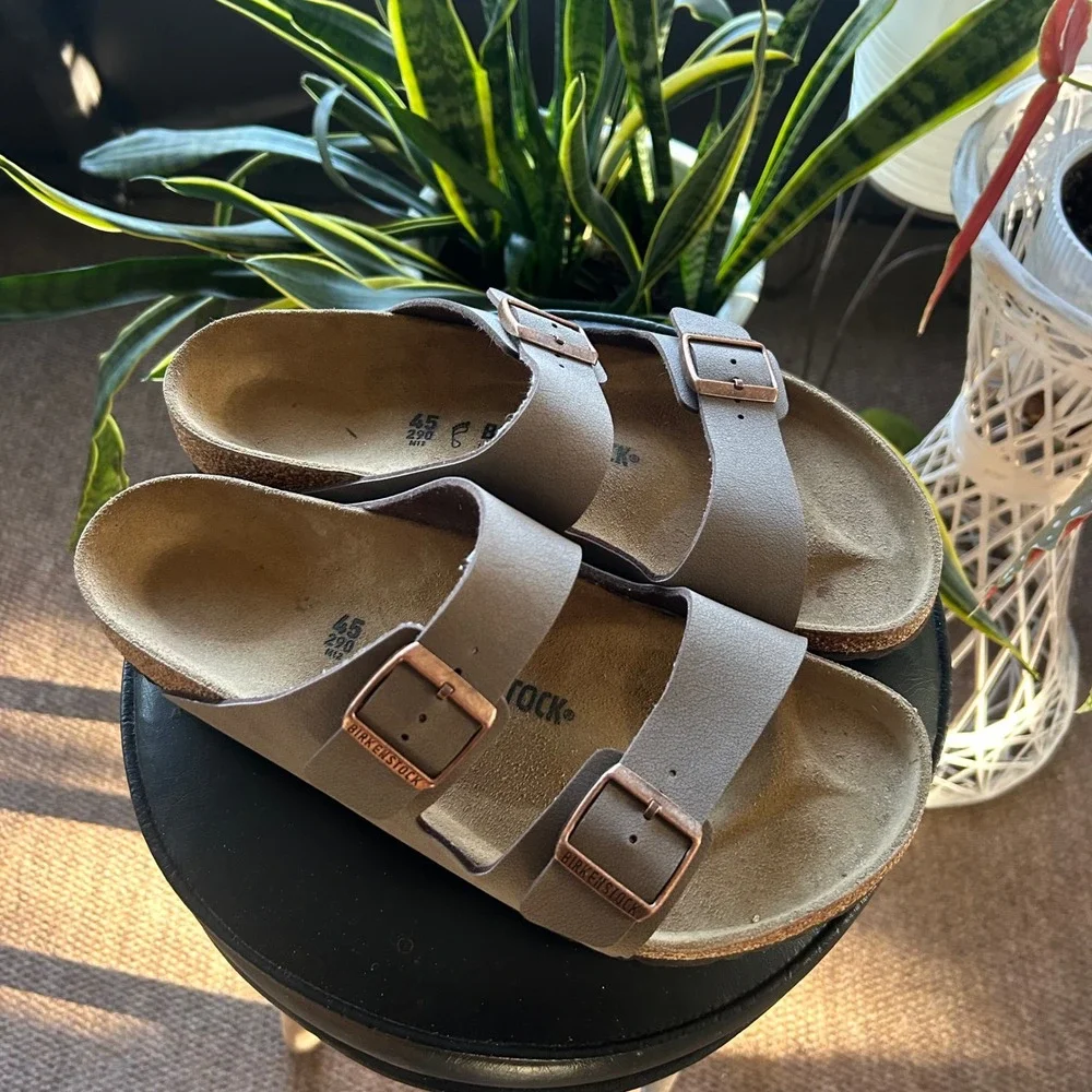 Birkenstock Arizona Stone Birko-Flor Sandals Mens 45 M12 Gray Two Strap Slide